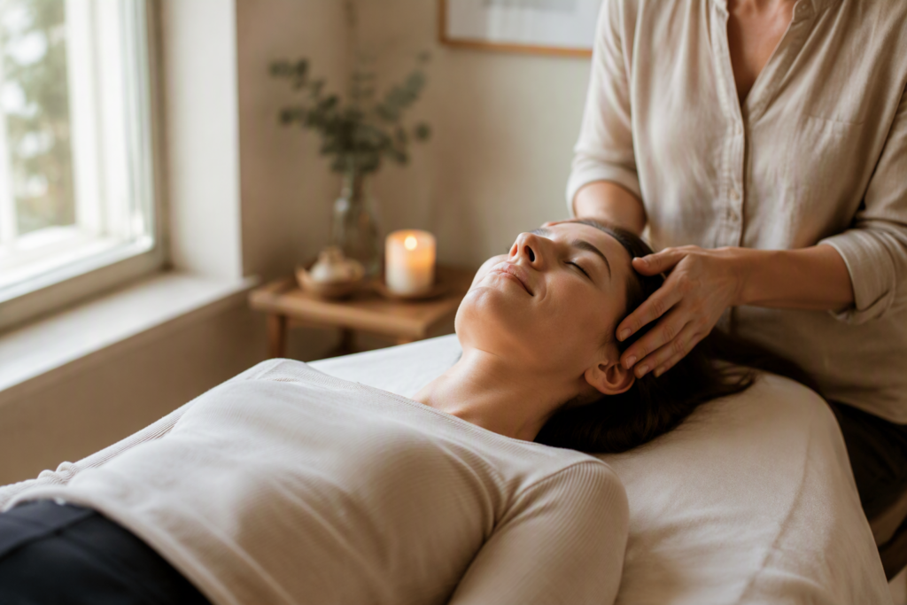 A woman receives a gentle touch of craniosacral therapy.
